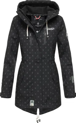 Produktbild von Marikoo Zimtzicke Damen Wasserdichte Softshell Jacke mit Kapuze Outdoor Regenjacke Regenmantel  Schwarz mit Print Gr. 34 - XS