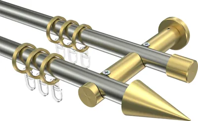 Produktbild von Interdeco Gardinenstange / Vorhangstange Edelstahl-Optik / Messing-Optik, Typ Platon Savio (Kegel), 20 mm Ø 2-läufig, 160 cm