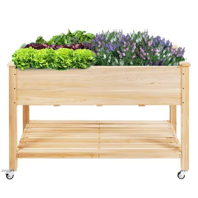 A wooden raised garden bed filled with various plants and flowers, placed on a white background.