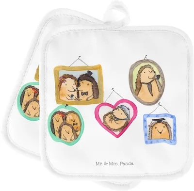 Produktbild von Mr. & Mrs. Panda Topflappen Igel Familie - Weiß - Geschenk, Bilder, Papa, Kochlappen, Liebe, topfhalter, Muttertag, Mama, Ofenlappen, Topfuntersetzer, Set