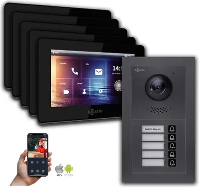 Image de Interphone vidéo BUS Goliath 2 fils : Maison 5 familles, Smartphone App, Anthracite : Boîte d'encastrement : 7 pouces en noir Sélection du moniteur : 7 pouces en noir Boîte de montage de la sonnette : Boîte d'encastrement