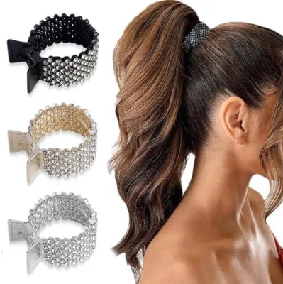 Produktbild von 3 Haarspangen für Damen aus Metall mit Strass, rutschfeste Haarklammern für hohe Pferdeschwänze bei dickem und dünnem Haar
