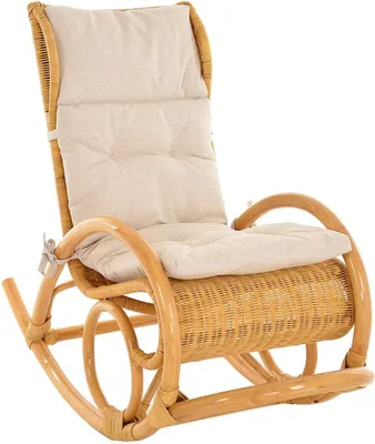 A rocking chair with cushions on a white background.