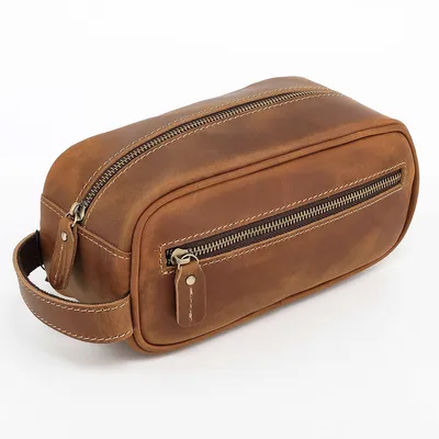 Produktbild von Kulturbeutel, Vintage Handmade Cowhide Leder Wash Bag, Herren-Kupplungstasche, Premium-Toilettenbeutel aus Leder für die Reise, 23x11x10cm, braun