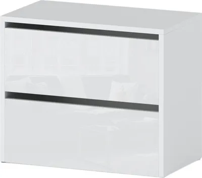 A white cabinet with two drawers is shown against a white background.