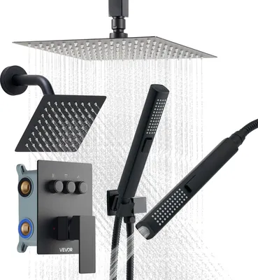 Produktbild von VEVOR Duschsystem-Set inkl. 10 Zoll Regenduschsystem / 6 Zoll Wandmontagekopf / 2 in 1 Handbrause, drehbarer Doppelregenkopf (3 Funktionen), Messingventil und Verkleidungssatz, Mattschwarz