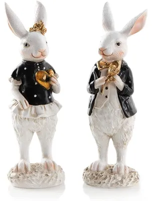 Produktbild von 2 Hasen Figuren zum Hinstellen schwarz weiß gold - Osterhasen Paar