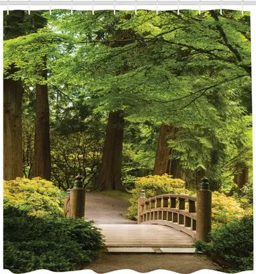 Produktbild von ABAKUHAUS japanisch Duschvorhang, Holzbrücke Über Teich In Der Garten Ruhe Im Schatten Der Baum Ruhe In Der Natur, Stoffliches Gewebe Badezimmerdekorationsset mit Haken, 175x220 cm, Grün Braun