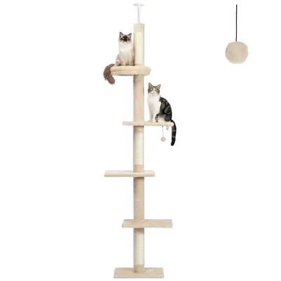Produktbild von PAWZ Road Katzenbaum 5-stöckig 243-273cm höhenverstellbar mit Kratzpfosten, Schlafplatz und Spielball