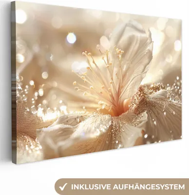 Produktbild von MuchoWow® - Leinwandbilder - Blume - Weiß - Glitter - Gold - Modern, Wandbild, Wanddeko Bilder Wohnzimmer, 90x60 cm