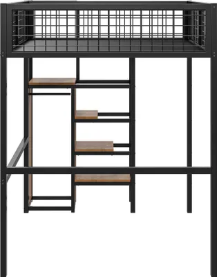 A product shot of a loft bed with shelves and a closet.