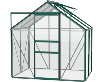 A greenhouse with a green frame and clear panels, shown from a diagonal angle against a white background.