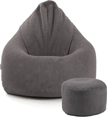 Produktbild von mokebo® Sitzsack Cord XXL mit Hocker für Kinder & Erwachsene in Anthrazit 'Der Tagträumer', Set aus Indoor Bean Bag und Pouf, auch als Bodenkissen, Sitzkissen, Liegekissen mit EPS-Perlen Füllung