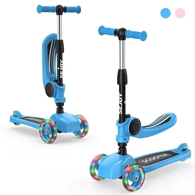 Produktbild von Kinder-Kickboard - 3-rädriger Scooter - Verstellbarer Neigungslenker - Klappbar - Abnehmbarer Sitz - Bremse - Blau