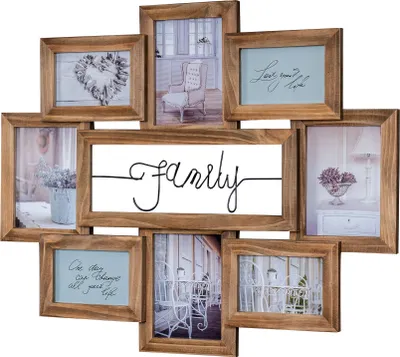 Produktbild von levandeo Bilderrahmen Echtholz Braun 68x56cm, Shabby Chic, mit 'Family' Metall-Schriftzug, 8 Fotos (4x 10x15, 4x 13x18), einzeln austauschbar