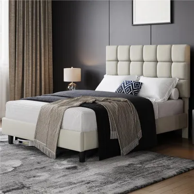 A bedroom scene with a bed, curtains, and a lamp.