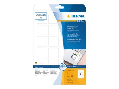 Zdjęcie produktu dla HERMA 10108, Biały, Samoprzylepne etykiety do drukowania, A4, Papier, Laser/Atrament, Wyjmowana