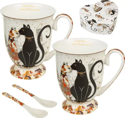 Produktbild von Kaffebecher Set mit Löffel Kaztenmuster 2er Set Porzellan Becher Herzförmige Geschenkbox Geschenkidee 2er Set 300ml