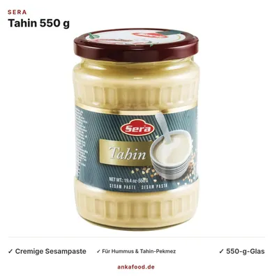 Produktbild von Sera Tahin 550 g – Sesampaste aus 100 % geröstetem Sesam, cremig, im Glas