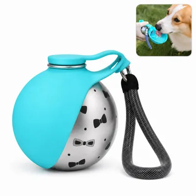 Produktbild von Hunde Trinkflasche Edelstahl 285ml Blau, Tragbar mit faltbarem Silikonnapf, KI-generiertes Bild