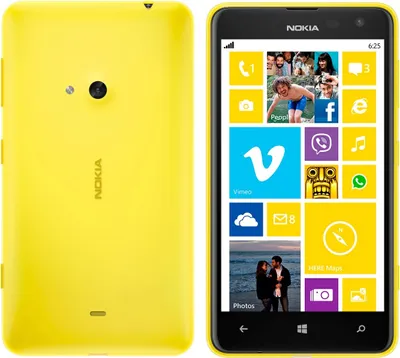 A yellow Nokia Lumia 625 smartphone shown from the front and back.
