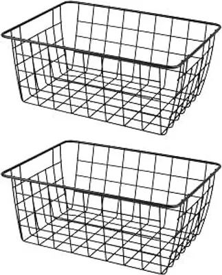 Zdjęcie produktu dla Zestaw dwóch metalowych koszy z drutu, możliwość układania w stos – pojemniki do przechowywania, idealne do kuchni, łazienki, biura i organizacji przestrzeni
