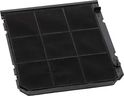 A black carbon filter for a kitchen appliance, shown from a diagonal angle.