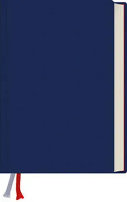 A closed book with a blue cover and two ribbon bookmarks.