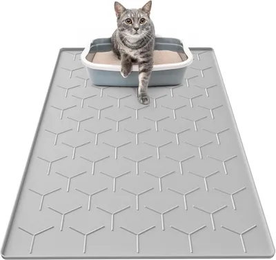 Produktbild von Katzenklo Matte, 86x56cm Silikon Katzenstreu Matte Groß, wasserdichte Katzenmatte Katzenklo Unterleger, Katzenstreumatte, Leicht zu Reinigen, Grau