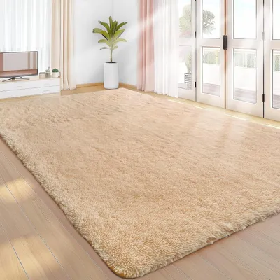 Obrázek produktu pro Koberec s vysokým vlasem, béžová barva, rozměry 275x370 cm, omyvatelný, s protiskluzovou úpravou, měkký, vhodný do obývacího pokoje, ložnice nebo dětského pokoje