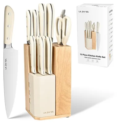 Immagine prodotto di Set di coltelli da cucina da 13 pezzi, con base porta coltelli, in acciaio inossidabile, con affilacoltelli, colore bianco
