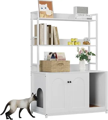 Produktbild von Katzenklo Schrank, Katzenhaus Für Katzentoilette, Katzenklo Versteckt Schrank Möbel, Katzenschrank Mit 2 Ebenen Regalen & 1 Arbeitsplatte, 90x45x132cm