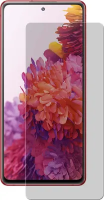 A red smartphone with a screen protector partially covering the screen.
