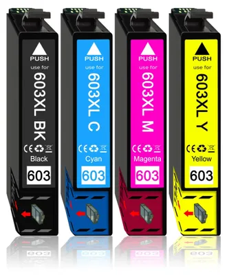 Four printer ink cartridges lined up against a white background.