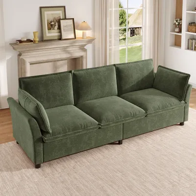 Produktbild von MODFU 3-Sitzer-Sofa Grün,Ecksofa mit 2 Armlehnenkissen,Klassische Sofa mit Metallrahmen,Chenille,220 × 81 × 87cm