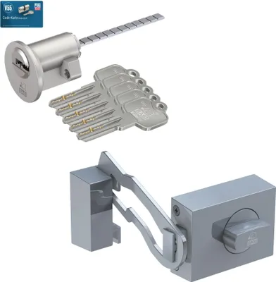 Produktbild von BASI - Türzusatzschloss mit Außenzylinder - SET - KS 500 - 60 mm - Edelstahlfarben - käntig - mit Sperrbügel - VB1302-0208