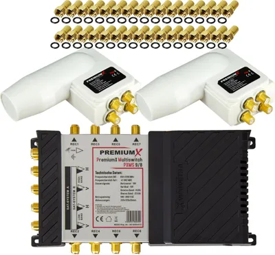 Produktbild von PremiumX Multischalter Set 9/8 SAT 2x Multifeed 3° Quattro LNB 32x F-Stecker