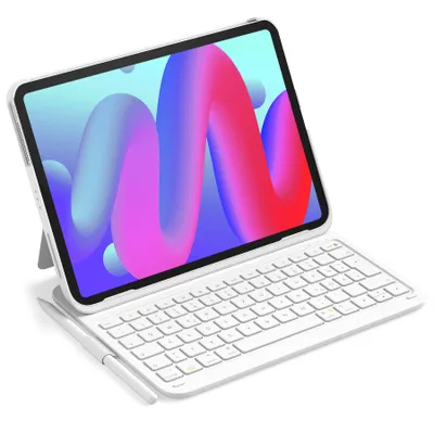 A white tablet with a keyboard case and stylus, displayed against a white background.