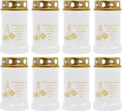 Produktbild von Grabkerze Weiß 8er Pack ( Druck Gold ), 40 Stunden/Kerze, Motiv: Kerze
