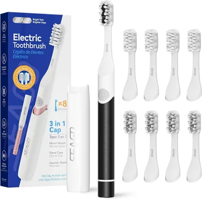 Imagen del producto de Cepillo de dientes eléctrico para niños, ideal para viajes, cepillo sónico, con 2 modos de limpieza, 24000 vibraciones por minuto, 8 cabezales de repuesto, cepillo de dientes portátil con batería