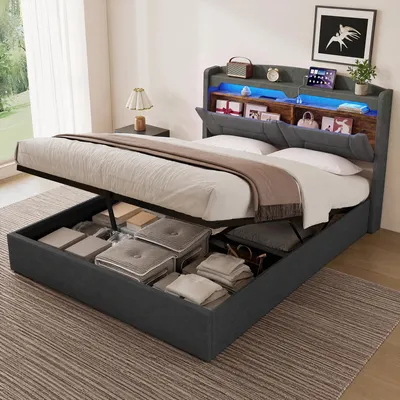 Immagine prodotto di Letto imbottito con boxspring INONEFT, 140 x 190 cm, con sistema di sollevamento idraulico, illuminazione a LED e prese USB, letto matrimoniale con testiera, adatto anche per ragazzi, rivestito in lino, colore grigio chiaro