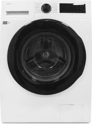 A front view of a white washing machine with a black door.