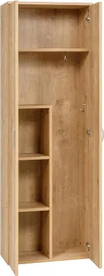 Produktbild von Holz Putzmittelschrank, Wäscheschrank aus Holz mit Türen, Kleiderschrank aus Holz, Garderobenschrank, Mehrzweckschrank, Schrank & Putzschrank, 2 Tür Mit Haken und 3 Regale, Eiche, 60x34x180cm