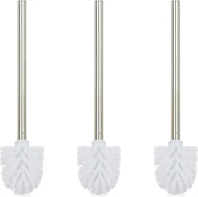 Imagen del producto de Juego de 3 cepillos para inodoro: cabezal desmontable, cepillo para inodoro con mango de acero inoxidable, dimensiones (alto x diámetro): 35 x 8 cm, color blanco