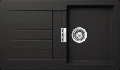 A top-down view of a black kitchen sink with a drain and a ribbed draining board.