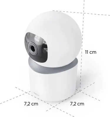 A white security camera with dimensions indicated.