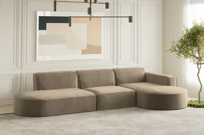 Produktbild von Ecksofa Designersofa PALMA in Stoff Noel Braun Ottomane Rechts