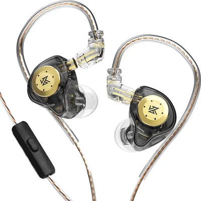 A pair of in-ear monitor headphones with a black and gold design, shown against a white background.