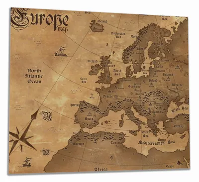 Produktbild von Wallario Herdabdeckplatte aus Glas, Größe 60 x 52 cm 1-teilig, Motiv Alte Weltkarte   Karte von Europa in englisch