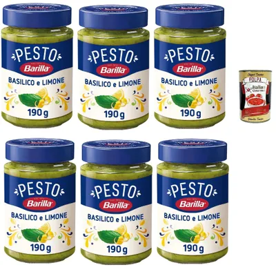 Produktbild von Barilla Pesto Basilikum & Zitrone – 6 Gläser × 190 g – frisches Pesto mit 100% italienischem Basilikum & Zitronennote, servierfertig für Pasta, Bruschetta, Dips & Salate – + Italian Gourmet polpa